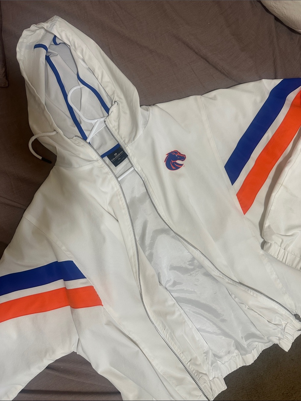 Boise State White Hooded Windbreaker Jacket with Blue & Orange Stripe Accents